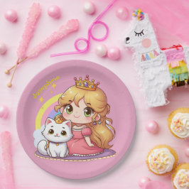 Prato De Papel Princesa fofa personalizável com Gato Branco