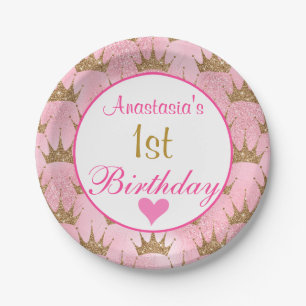 Prato De Papel Princesa Menina Rosa e primeiro aniversario Brilha