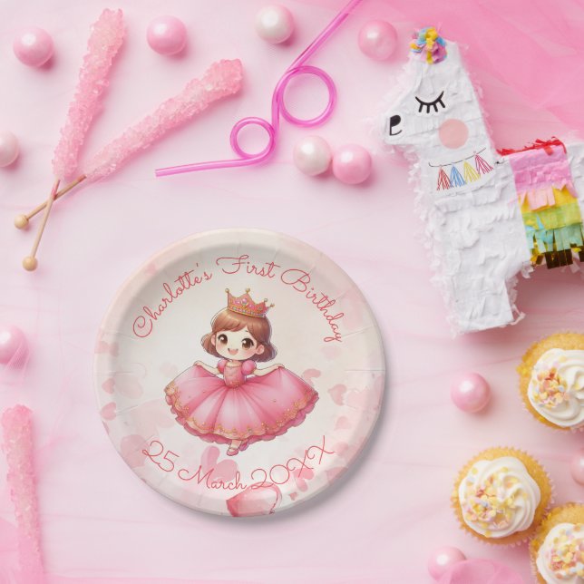 Prato De Papel Princesa rosa personalizável (Festa)