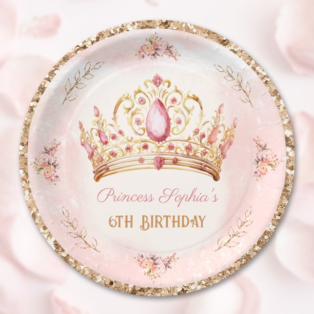 Prato De Papel Princesa Rosa, Rosa, Brilhante Dourado Aniversário (Crown Princess Pink Floral Glitter Gold Birthday Paper Plates)