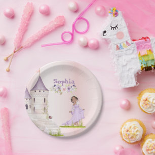 Prato De Papel Princesa Unicorn Cabelo Escuro Púrpura Aniversário