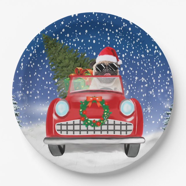 Prato De Papel Pug Cão Dirigindo Carro Na Neve Natal   (Frente)