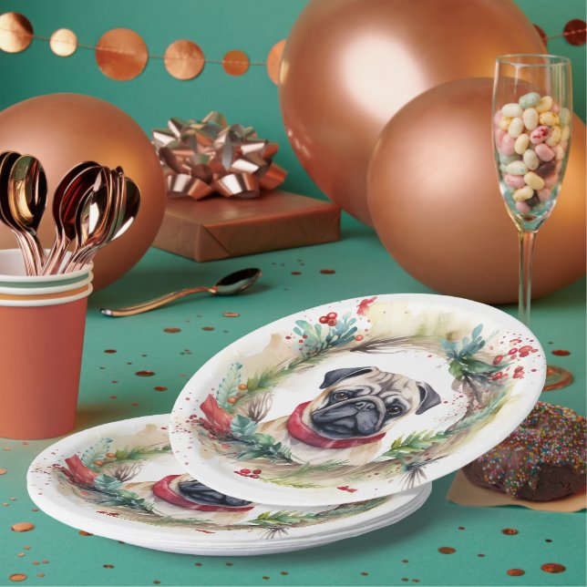 Prato De Papel Pug Christmas Wreath Festivo Pup (Múltiplo)