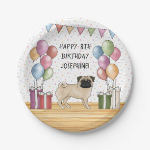 Prato De Papel Pug Cor de Cervo Pastéis Coloridos Feliz Aniversár