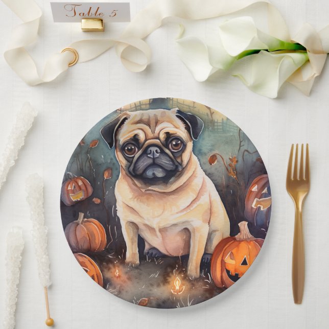 Prato De Papel Pug de Halloween com Abóboras Assustadoras (Casamento)