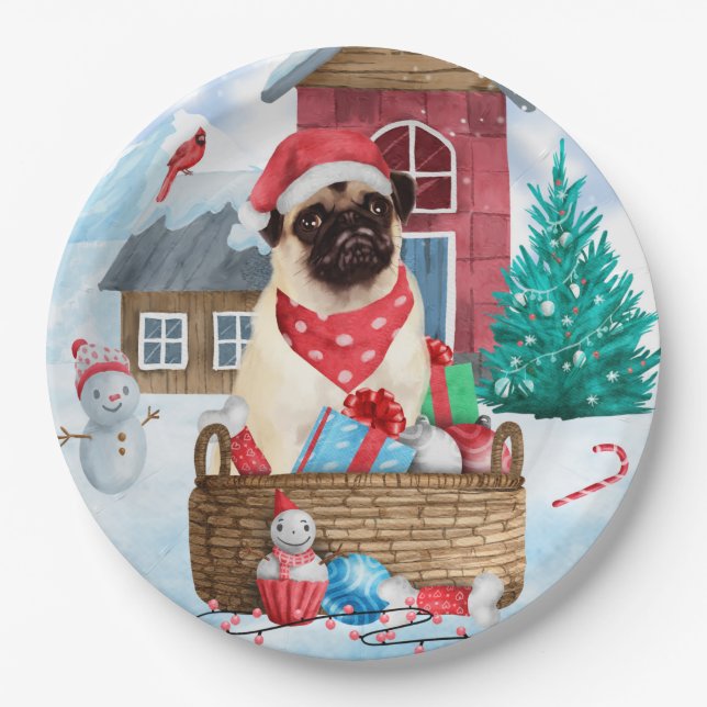 Prato De Papel Pug Dog In snow Christmas Dog House (Frente)