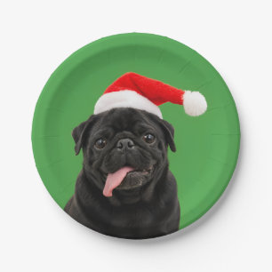 Prato De Papel Pug Preto Engraçado Chapéu de Papai Noel Língua Pa
