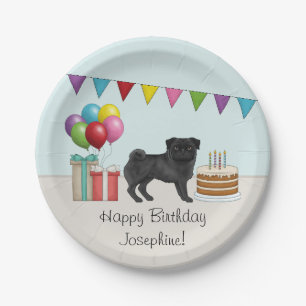 Prato De Papel Pug Preto Fofo Cachorro Desenho Animado Aniversári