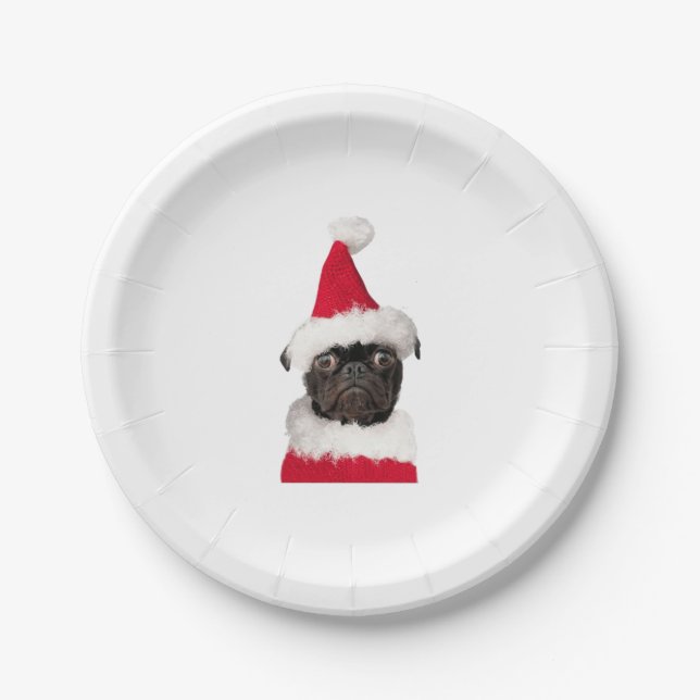 Prato De Papel Pug preto giro no Natal Santa Hat (Frente)