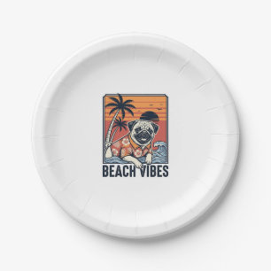 Prato De Papel Pug Vibrações de Praia Desenho de Gravura Vintage_