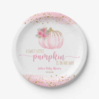 Prato De Papel Pumpkin Blush Dourado Bebê Rosa Favor do Chá