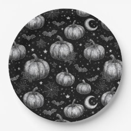 Prato De Papel Pumpkin de Dia das Bruxas Preto e Branco, Bat, tei