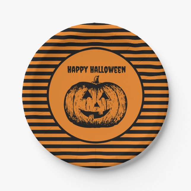 Prato De Papel Pumpkin em Papel Stripkin de Jack-o-lanterno (Frente)
