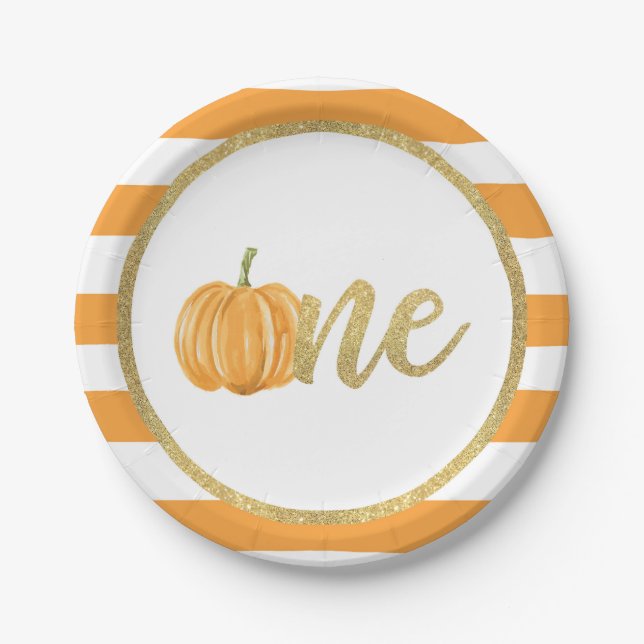 Prato De Papel Pumpkin First Birthday Paper Plate - Faixa Laranja (Frente)