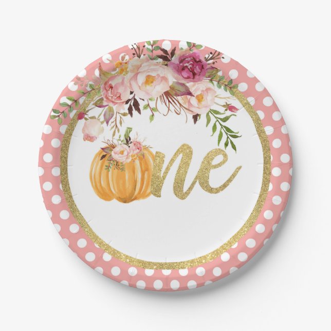 Prato De Papel Pumpkin First Birthday Paper Plate - Pontos Florai (Frente)