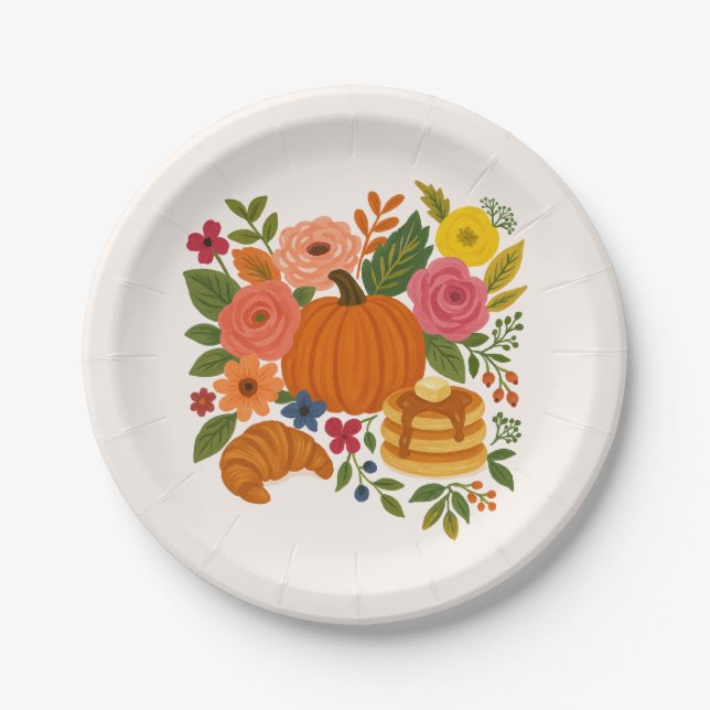 Prato De Papel Pumpkin Floral Fall Thanksgiving Paper Plates (Frente)