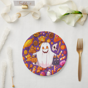 Prato De Papel Pumpkin Ghost Patterno Bonito Halloween