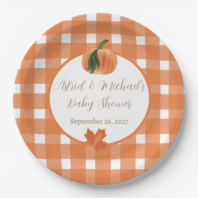 Prato De Papel Pumpkin Orange Gingham Fall Chá de fraldas (Frente)