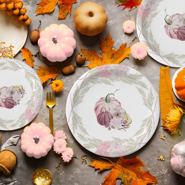 Prato De Papel Pumpkin rosa e Pampas Grass Wreath (party plates with pink pumpkin and pampas grass wreath from the little pumpkin collection)