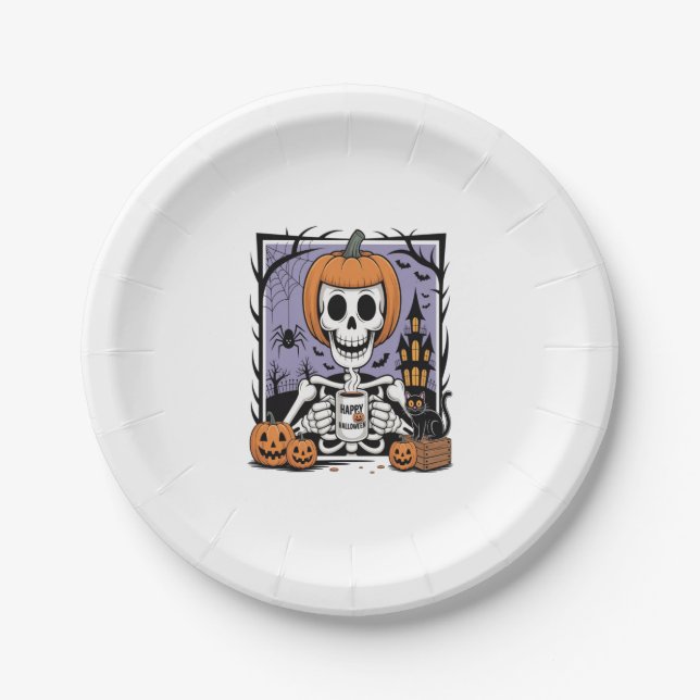 Prato De Papel Pumpkin Skeleton Bebendo Café (Frente)
