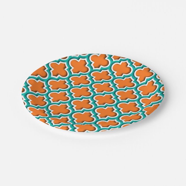 Prato De Papel Pumpkin, Teal, Quatrefoil Branco Marroquino #5DS (Inclinado)