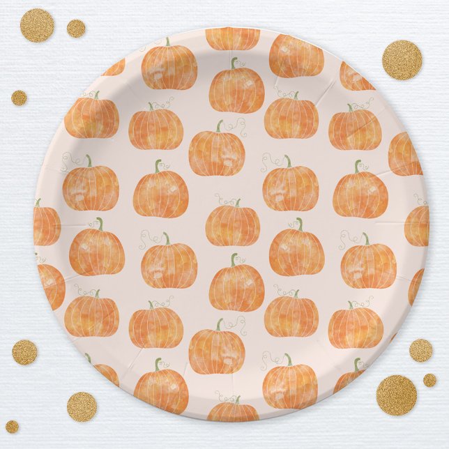 Prato De Papel Pumpkin Watercolor (Watercolor pumpkin pattern autumn fall party paper plates)