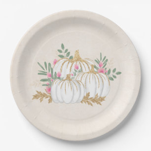 Prato De Papel  Pumpkins branco e Dourado Aquarela
