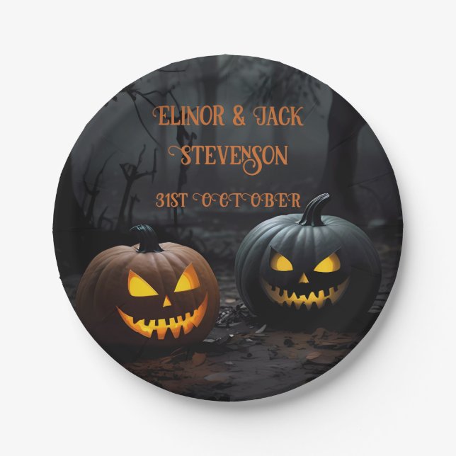 Prato De Papel Pumpkins festivo do Halloween e Padrão Floral (Frente)