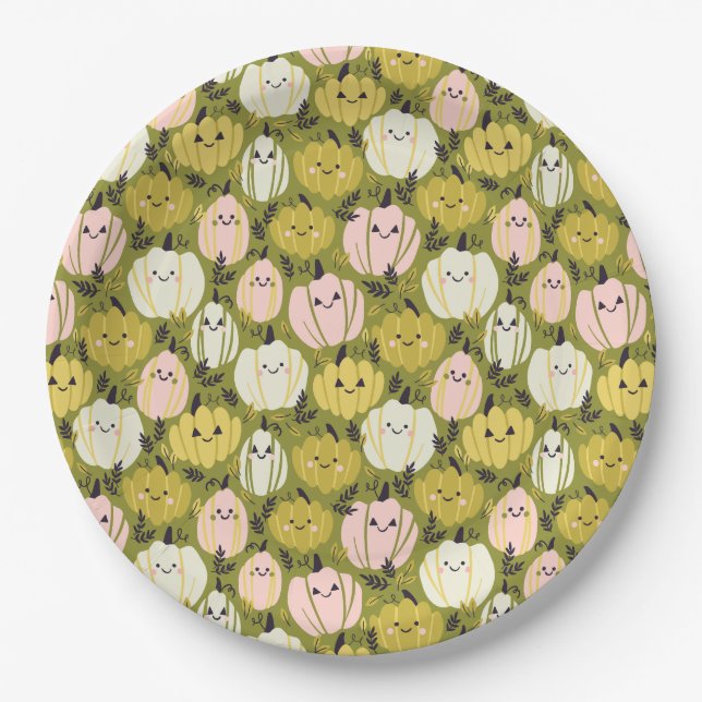 Prato De Papel Pumpkins rosa e verde (Frente)