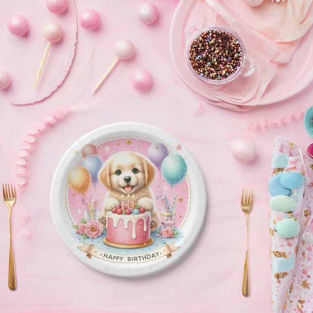 Prato De Papel Puppy Labrador - Pastel giro - Aniversário (Criador carregado)