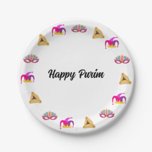 Prato De Papel Purim Mascarada Hat e Hamentashen Paper Plate