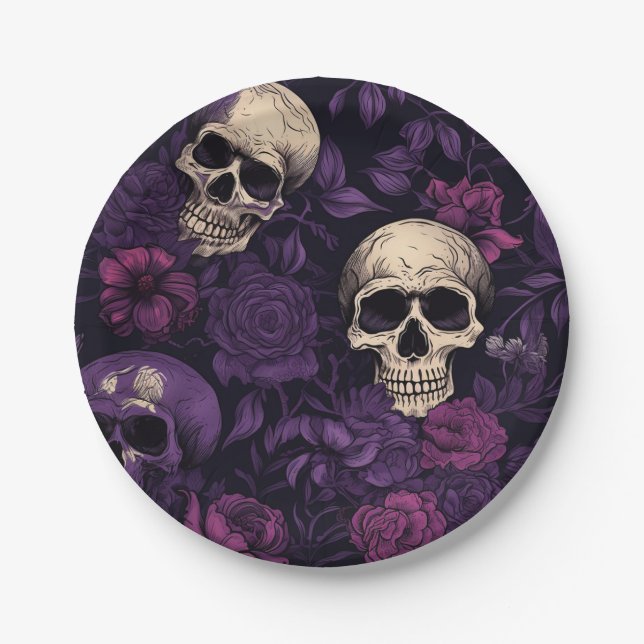 Prato De Papel Purple Floral Gótico Skull Halloween (Frente)