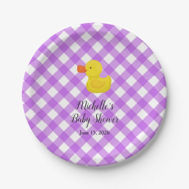 Prato De Papel Purple Gingham Rubber Duckie Baby Shower (Frente)