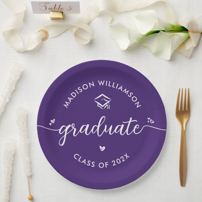 Prato De Papel Purple Graduation Script Hearts Cap Icon Modern (Casamento)