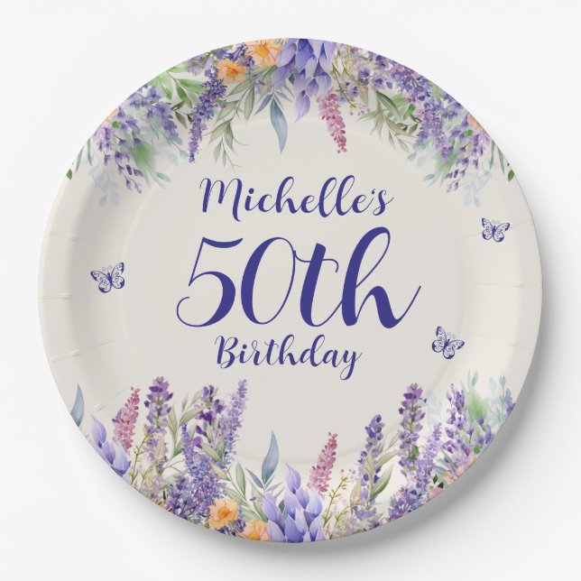Prato De Papel Purple Lavender Floral 50th Birthday (Frente)