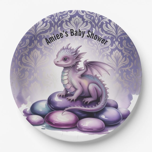 Prato De Papel Purple Magical Dragon Baby Shower (Frente)
