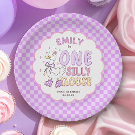 Prato De Papel Purple One Silly Goose - Retro Girl First Birthday