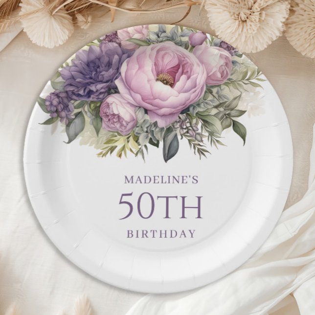 Prato De Papel Púrpura rosa púrpura Floral 50º Aniversário (Elegant purple watercolor floral 50th birthday party paper plates)