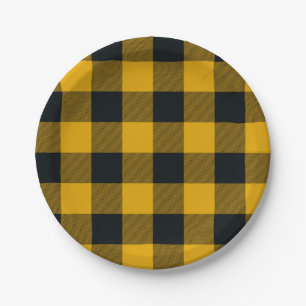 Prato De Papel Quadrados Xadrez Amarelo e Preto Plaid Búfalo