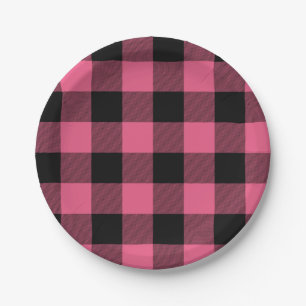 Prato De Papel Quadrados Xadrez Rosa e Preto Buffalo Plaid