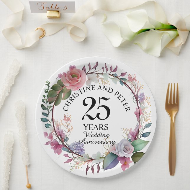 Prato De Papel Qualquer Aniversário Floral Elegante De Casamento (Casamento)