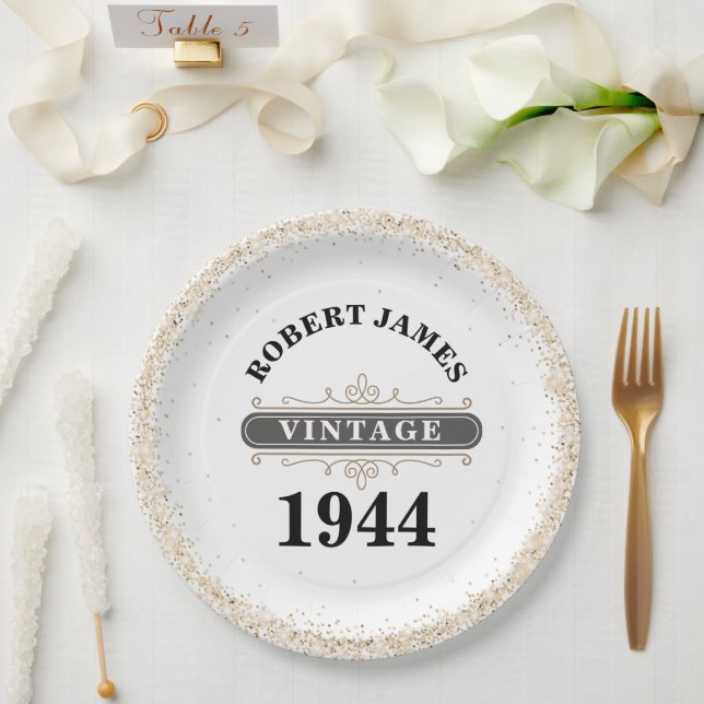Prato De Papel Qualquer Idade de Aniversário Vintage (Casamento)