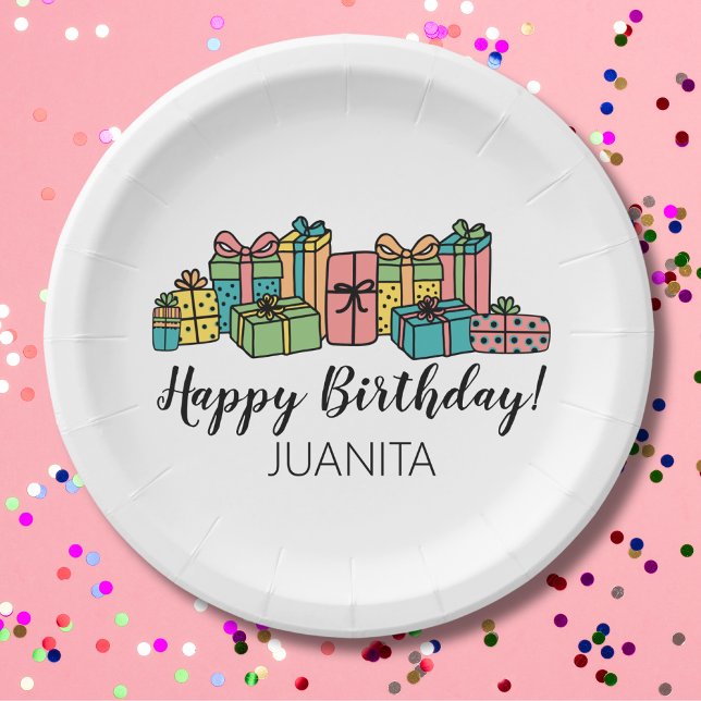 Prato De Papel Qualquer Idade Feliz Aniversário Colorido (Cute Modern Fun Colorful Happy Birthday Paper Plates)