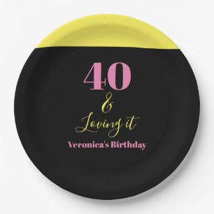 Prato De Papel Quarenta e Adorando 40º Aniversário Amarelo Preto