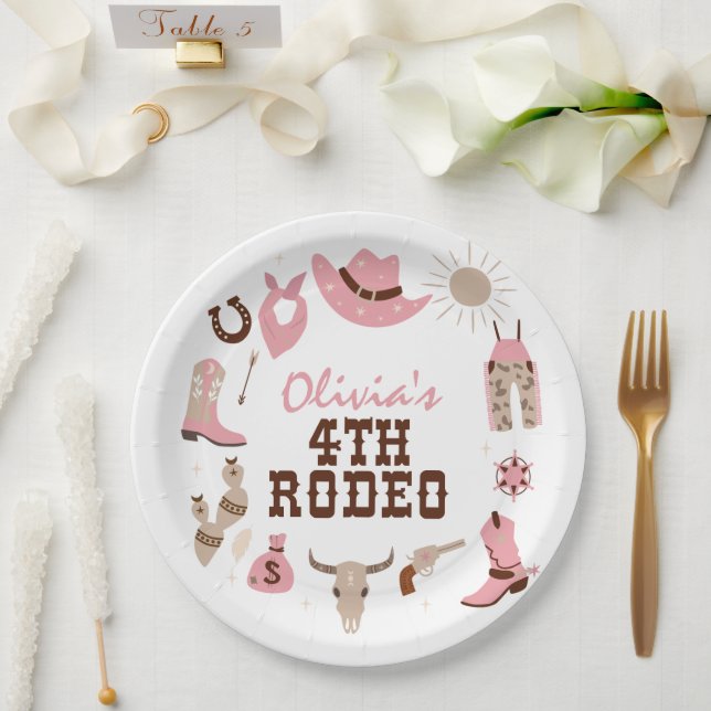 Prato De Papel Quarto Rodeio Pink Western Cowboy 4º Aniversário (Casamento)