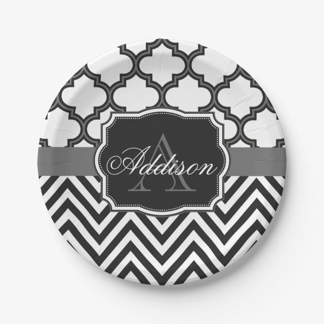 Prato De Papel Quatrefoil Chevron Monograma (Frente)