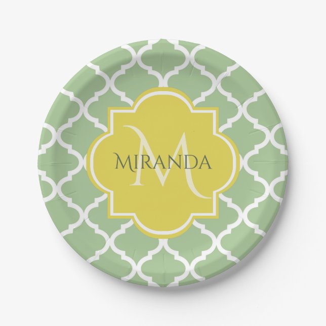 Prato De Papel Quatrefoil Verde Chic Pastel Nome Amarelo Monogram (Frente)