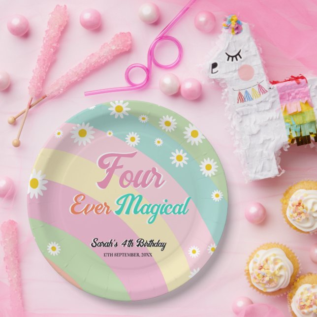 Prato De Papel Quatro Mágicas Margarida de Quarto Aniversário (Festa)