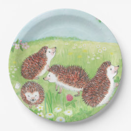 Prato De Papel Quatro Pequenos Hedgehogs no Prado