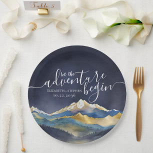Prato De Papel Que A Aventura Comece Um Casamento Dourado Azul De